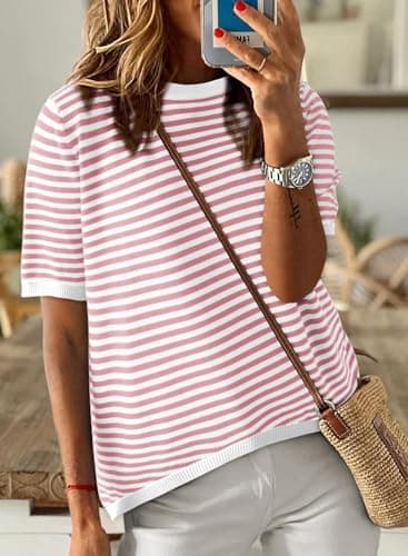 Dokotoo Womens Summer Tops Casual Short Sleeve Striped Shirt Ladies Crewneck Knit Tshirts Shirts for Women Loose Fit 2025 Trendy Sweaters Beach Vacation Clothes for Women Pink Medium - Image 2