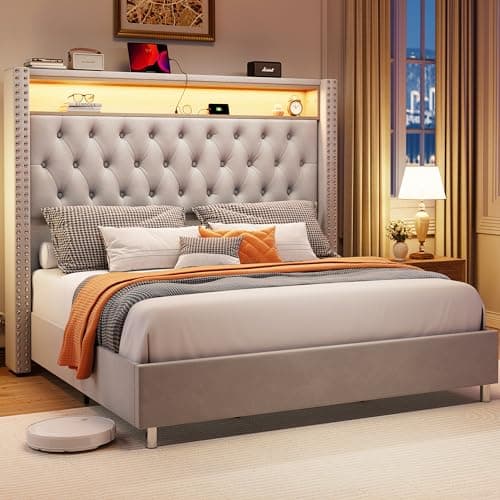 Jocisland Queen Size Bed Frame 53.6'' Tall Headboard LED Lights and Charging Station, Velvet High Upholstered Platform Bed Wingback Storage, No Box Spring Needed, No Motion Light Under Bed, Light Gray - Image 1