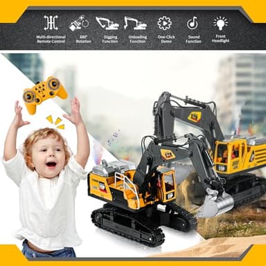 FUYLE Remote Control Excavator Construction Toy, 14 Channel 2.4Ghz RC Digger with Simulating Real Engine Spray, 680° Rotation, Metal Shovel, Lights and Sounds, Christmas Birthday Gift for Boys Kids - Image 2