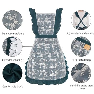 Pinknoke Vintage Pinafore Apron Dress for Women with Pockets Cute Floral Chef Aprons for Kitchen Cooking Baking Gardening (Ocean Blue) - Image 6