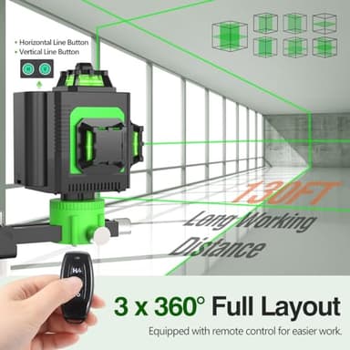 Housolution Laser Level, 3x360° 3D Cross Line Laser for Construction and Picture Hanging, 12 Green Lasers with Self-leveling, 130Ft Level Tool with 10000mAh Battery, Type-C, 4 Adjustable Brightness - Image 3