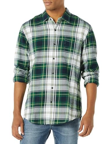 Amazon Essentials Men's Long-Sleeve Flannel Shirt (Available in Big & Tall), Green White Plaid, Large - Image 1