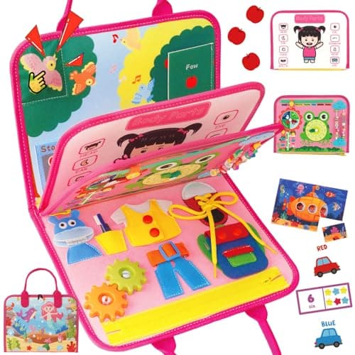 MidiVix Busy Board for 1 2 3 4 Year Old Toddler, Montessori Educational Sensory Toys Kids Travel Quiet Book Plane Car, Gifts for Boys Girls, Preschool Learning Activities Fine Motor Skills (Pink) - Image 1