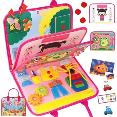 MidiVix Busy Board for 1 2 3 4 Year Old Toddler, Montessori Educational Sensory Toys Kids Travel Quiet Book Plane Car, Gifts for Boys Girls, Preschool Learning Activities Fine Motor Skills (Pink) - Image 1