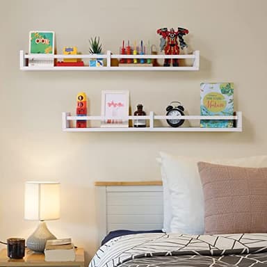 Austin yan White Nursery Bookshelves Wall Mounted, 32inch,Wood Floating Wall Bookshelf for Kids,Hanging Shelf for Baby Nursery Room Decor,Set of 2,Pine - Image 2