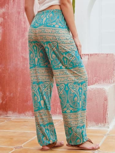 QIANXIZHAN Women's Harem Pants, Hippie Palazzo Pants Boho Joggers Yoga Clothes with Pockets Cyan Flower L - Image 2
