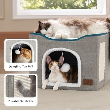 Bedsure Cat Beds for Indoor Cats - Large Cat Cave for Pet Cat House with Fluffy Ball Hanging and Scratch Pad, Foldable Cat Hideaway, 16.5x16.5x13 inches, Grey - Image 4