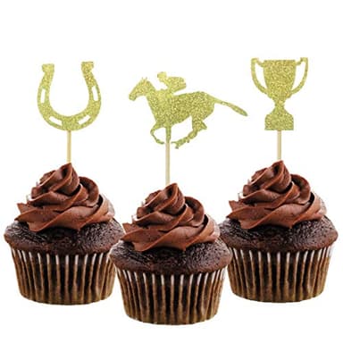 Morndew 24 PCS Equestrian Horse and Golden Cup Cupcake Toppers for Theme Party Baby Shower Birthday Party Decorations - Image 1
