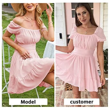 EXLURA Women's Tie Back Square Neck Short Puff Sleeve Casual Dresses A Line Sundress Mini Dress Pink - Image 3