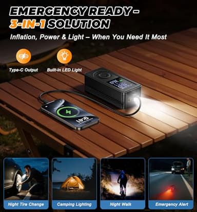 Tire Inflator Portable Air Compressor - 160PSI Fast Inflation Rechargeable Battery & 12V DC Adapter Powered Air Pump for Car Bike Motorcycle Tires Balls with LCD Display, LED Light, Pressure Gauge - Image 6