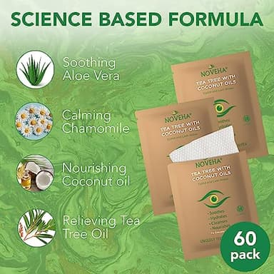 NOVEHA 60PCs Tea Tree & Coconut Oil Eyelid & Lash Wipes - For Demodex, Blepharitis & Itchy Eyes, Individually Wrapped Eyelash Wipes With Aloe Vera, Natural Makeup Remover & Daily Eye Cleanser - Image 2