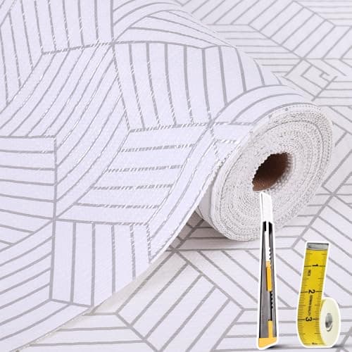 Shelf Liners for Kitchen Cabinets Non Adhesive Shelf Liner Paper Non-Slip Thickened Drawer Liner Easy to Clean for Tool Box Refrigerator with Knife and Tape Measure, Silver Geometric, 11.8 x 118 in - Image 1
