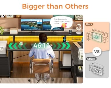 ODK L Shaped Desk with File Drawer, 75" Reversible L Shaped Computer Desk with Power Outlet & LED Strip, Office Desk with Storage Shelves, Gaming Desk with Monitor Shelf, Corner Desk, Black - Image 6