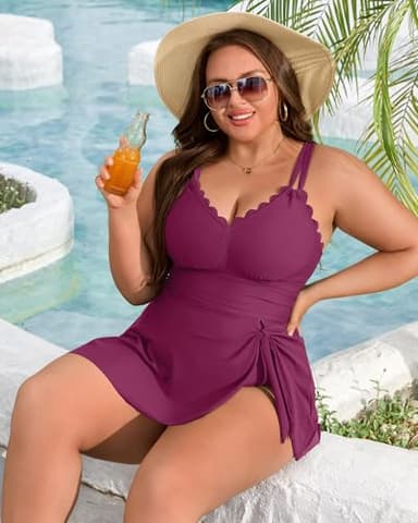 Charmo Plus Size Swimsuit for Women Swim Dress Scalloped One Piece Tummy Control Bathing Suit Ruched Swim Suits 2025 Fuchsia 2X - Image 5