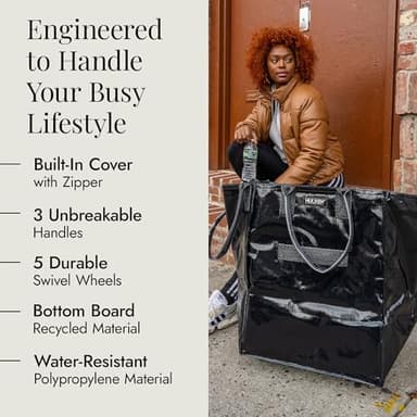 HULKEN - Large, Black - Reusable Grocery Bag On Wheels, Shopping Trolley, Rolling Tote, Zipper Closure, Lightweight, Carries Up to 66 lb & Fits 5 Grocery Bags, Folds Flat, Unbreakable Handles - Image 3