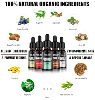 ISNER MILE Beard Oil 5 Pack, Stocking Stuffers Gifts for Men Him Dad Boyfriend, Mustaches Soften, Moisturize, Strength with Sandalwood, Bay Rum, Vanilla, Cologne, Unscented, Beard Grooming and Care - Image 3