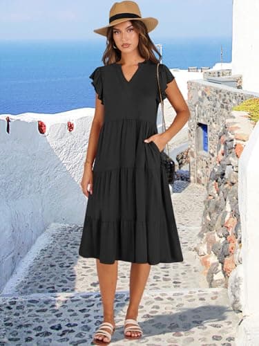 ANRABESS Womens Summer Dress Ruffle Sleeve V Neck Midi Dresses Fashion Casual Fit Flowy Tiered Boho Beach Vacation Sundress Black-XL - Image 2
