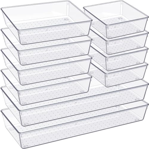 Criusia Drawer Organizer, 10 Pack Large Clear Plast Set, 3 Size Versatile Bathroom and Vanity Organizer Trays, Storage Bins for Makeup, Bedroom, Kitchen Utensils - Image 1
