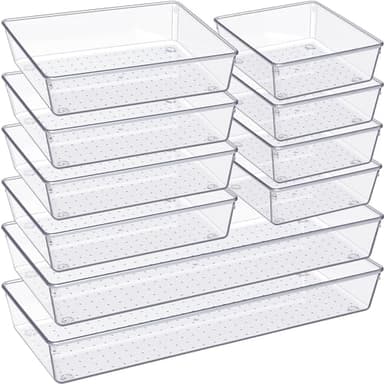 Criusia Drawer Organizer, 10 Pack Large Clear Plast Set, 3 Size Versatile Bathroom and Vanity Organizer Trays, Storage Bins for Makeup, Bedroom, Kitchen Utensils - Image 1