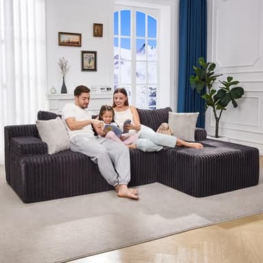 Hobestluk 96” Modular Sectional Sofa Couches L-Shape Couch 3 Seat Modular Sofa Memory Foam Sectional Couches for Living Room, Cloud Couch with Oversized Chaise (Grey, Stripe (Right Facing Chaise)) - Image 3
