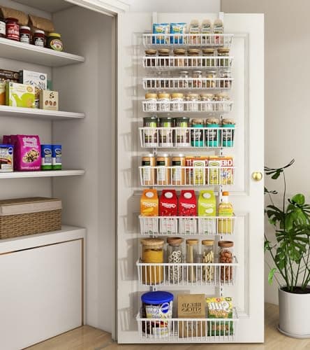 Mefirt White 9-Tier Over The Door Pantry Organizer, Pantry Organization and Storage, Deep Baskets Hanging Heavy-Duty Metal, Wall Spice Rack Seasoning Shelves for Home & Kitchen, Laundry Room Bathroom - Image 1