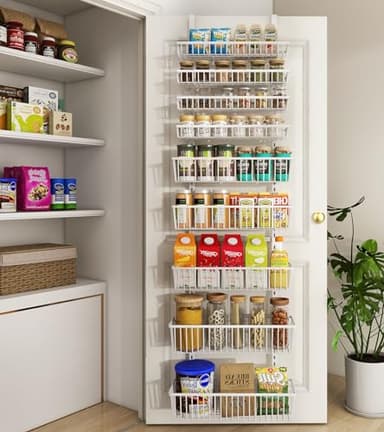 Mefirt White 9-Tier Over The Door Pantry Organizer, Pantry Organization and Storage, Deep Baskets Hanging Heavy-Duty Metal, Wall Spice Rack Seasoning Shelves for Home & Kitchen, Laundry Room Bathroom - Image 1