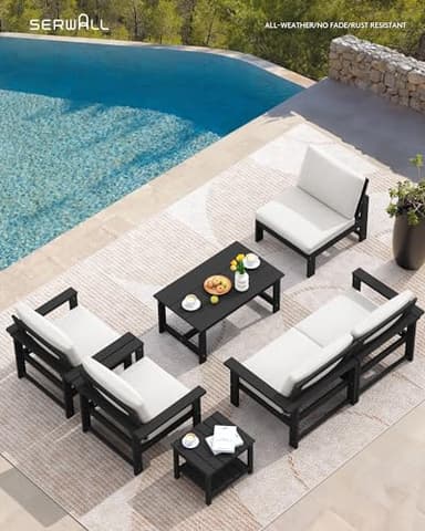 SERWALL HDPE Patio Furniture Set, 7-Piece Outdoor Sectional Sofa Set, All Weather Outdoor Couch Set for Deck, Lawn, Black Frame with Khaki Cushion - Image 2