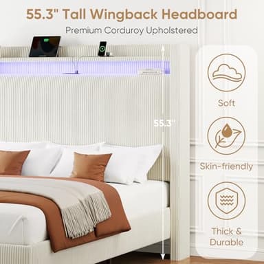 Queen Bed Frame with Tall Headboard, 55.3" Upholstered Platform Bed Frame with LED Lights & Charging Station, Elegant Corduroy Bed Frames/Wingback Headboard, No Box Spring Needed,Easy Assembly, Cream - Image 4