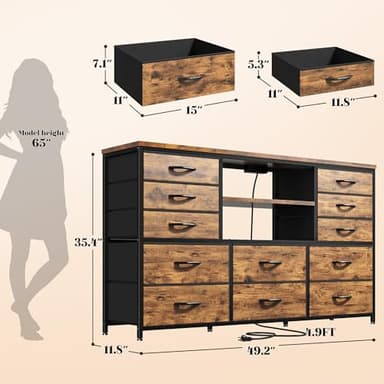 EnHomee Dresser with LED Lights & Power Outlets, 12 Drawers Dresser TV Stand for 60''TV Stand for Bedroom Fabric Dressers & Chest of Drawers, Sturdy Metal Frame, Living Room,Hallway, Rustic Brown - Image 3