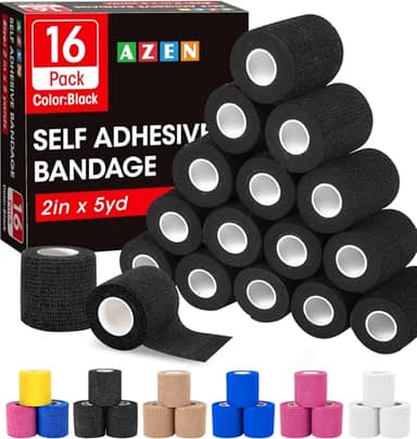 AZEN 16 Pack Self Adhesive Bandage Wrap Black, 2" X 5 Yards Black Athletic Tape, Vet Wrap, Tattoo Grip Tape Wrap,Ankle Tape, Cohesive Bandage Wrap - Image 1