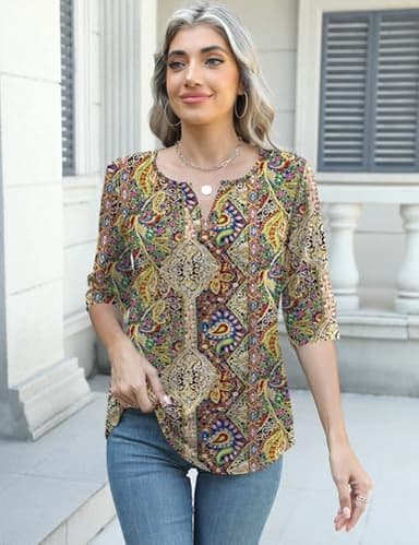 AKEWEI Womens Boho Tops Dressy Casual 3/4 Sleeve Shirts V Neck Tees Pretty Summer Blouses 2025 Fashion Multicolor Floral XL - Image 3