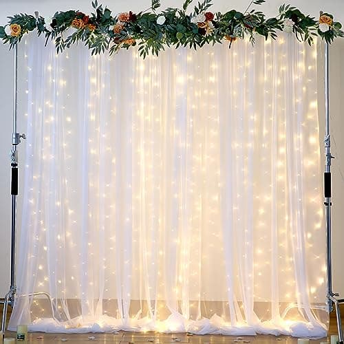 White Tulle Backdrop Curtain with Lights String for Parites 10×8ft Sheer Backdrop Curtains White Curtain Backdrop for Wedding Baby Shower Birthday Party Photo Shoot Decorations(2 Panels 10ft×8ft) - Image 1
