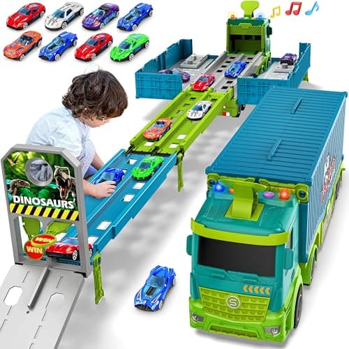 Carrier Truck Race Track Toddler Toys, Foldable 3 Layer Toddler Track Playset, Dinosaur Toy Truck Transport Car Carrier & 8 Race Cars, Truck Car Kids Toy Gifts for Age 3 4 5 6+ Year Old Boys Girls - Image 1