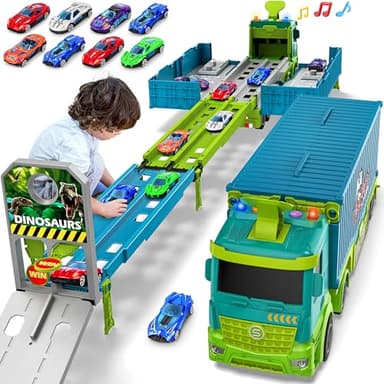 Carrier Truck Race Track Toddler Toys, Foldable 3 Layer Toddler Track Playset, Dinosaur Toy Truck Transport Car Carrier & 8 Race Cars, Truck Car Kids Toy Gifts for Age 3 4 5 6+ Year Old Boys Girls - Image 1