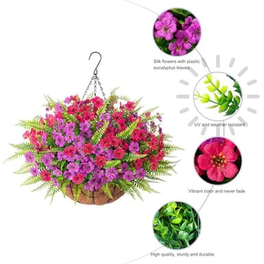 Artificial Fake Hanging Flowers Plants Basket for Outdoor Outside, 14 BundlesFaux Silk Colorful Daisy Fern in Planter UV Resistant Look Real for Porch Patio Garden Yard Home Decoration - Image 6