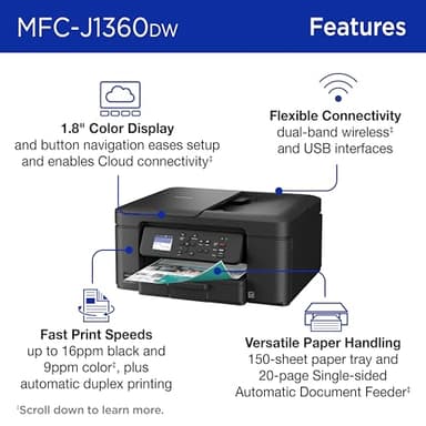 Brother Work Smart 1360 Wireless Color Inkjet All-in-One Printer with Automatic Duplex Printing and 1.8” Color Display | Includes Refresh Subscription Trial(1) (MFC-J1360DW) (Uses LC501 Series Inks) - Image 4