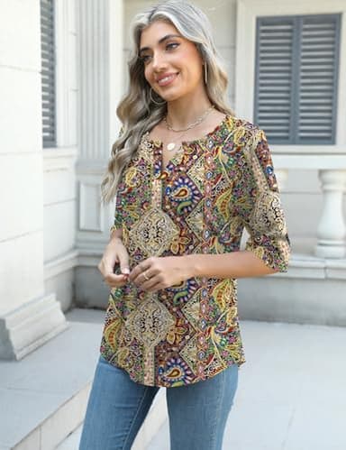 AKEWEI Womens Boho Tops Dressy Casual 3/4 Sleeve Shirts V Neck Tees Pretty Summer Blouses 2025 Fashion Multicolor Floral XL - Image 4