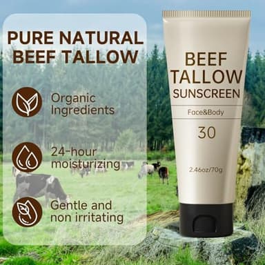Tallow Sunscreen, Beef Tallow for Skin, Beef Tallow Sunscreen, Unscented Grass-Fed Beef Tallow Natural Moisturizing Cream for All Skin Type Deep Hydration Non Greasy Anti White Cast - Image 2