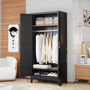 GAIOUS Metal Wardrobe Cabinet with Hanging Rod, 71" Metal Clothing Storage Cabinets with 2 Doors and Adjustable Shelves, Black Armoire Wardrobe Closet for Bedroom, Laundry Room, Cloak Room - Image 6
