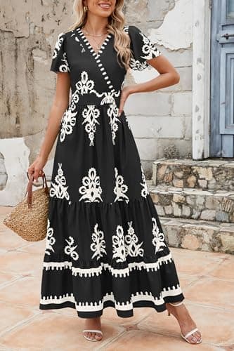 PRETTYGARDEN Womens 2025 Summer Casual V Neck Boho Maxi Dress Flowy Aline Bell Sleeve Tiered Floral Dresses with Pocket (Floral Black White,X-Large) - Image 5