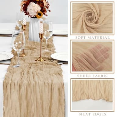 Sand 12 Pieces 35 x 120 Inches Long Cheesecloth Table Runner Gauze Fabric 10Ft Boho Table Runner Rustic Sheer Runner for Wedding Baby Bridal Shower Birthday Holiday Party Table Arbor Decor (Sand) - Image 2