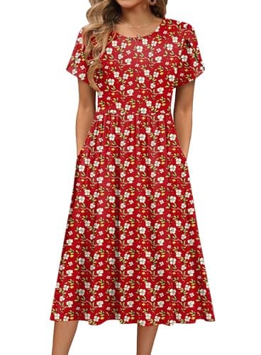HOTOUCH Mid Length Dress for Women Ditsy Floral Dress Cotton Shirt Dress Midi Length Flowy Dress Holiday Vocation Sun Dress,XX-Large Red Flower - Image 1
