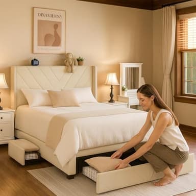 COMHOMA Queen Bed Frame with Headboard and USB & Type-C Charging Ports,Storage Drawers,Modern Upholstered Platform Frames with Padded Headboard, Heavy Duty Structure,No Box Spring Needed,White - Image 5