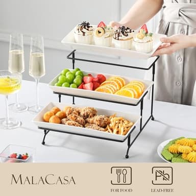 MALACASA 3 Tier Serving Trays for Party, Porcelain Serving Platters and Trays, 12 Inch Tiered Tray Stand, Fruit Tray, Trays for Serving Food, White Dessert Stand with Collapsible Sturdier Metal Rack - Image 3