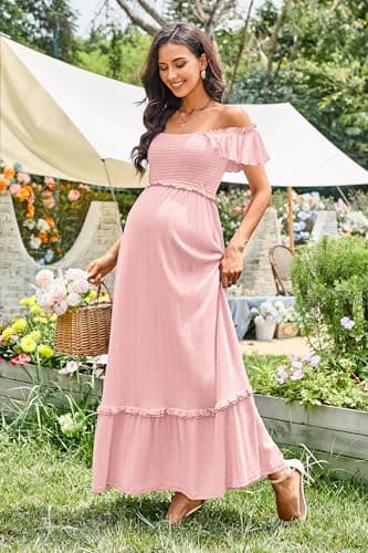 OUGES Womens 2025 Summer Maternity Baby Shower Dress Casual Boho Maxi Smocked Maternity Photoshoot Dresses Ruffle Sleeve Square Neck Gender Reveal Long Dress Pregnancy Must Have Clothes (Pink,L) - Image 3