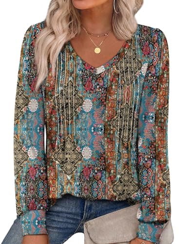 Alaroo Plus Size Tops for Women Blouses Maternity Shirts 2025 Fall Winter Clothes Boho Fashion Outfits V Neck Print 10 2XL - Image 1
