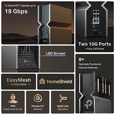 TP-Link Tri-Band BE19000 WiFi 7 Router (Archer BE800) | 12-Stream 19 Gbps | 2×10G + 4×2.5G Ports | LED Screen, 8 High-Performance Antennas | VPN, Easy Mesh, HomeShield, Private IoT, Free Expert Help - Image 4