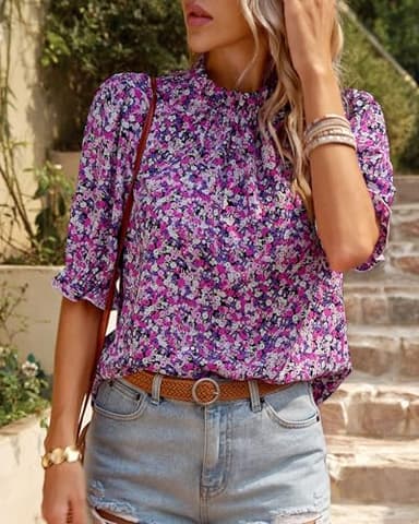 BTFBM Womens Summer Tops Boho Floral Blouses Frill Trim Mock Neck Puff Short Sleeve Shirts Dressy Casual Fall Top 2025(Floral Purple White, Large) - Image 3