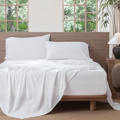 MooMee Bedding Sheet Set 100% Washed Cotton Linen Like Textured Breathable Durable Soft Comfy (Solid Bright White, Queen) - Image 5