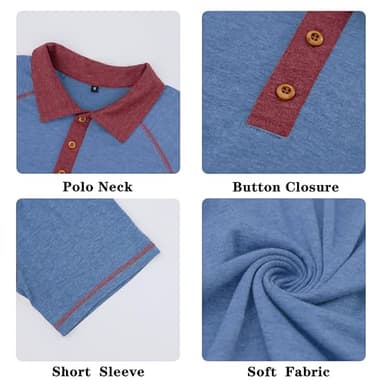 Men's Polo Shirts Short Sleeve Casual Vintage Collared Button Basic Golf Raglan Tee T-Shirts Blue - Image 5